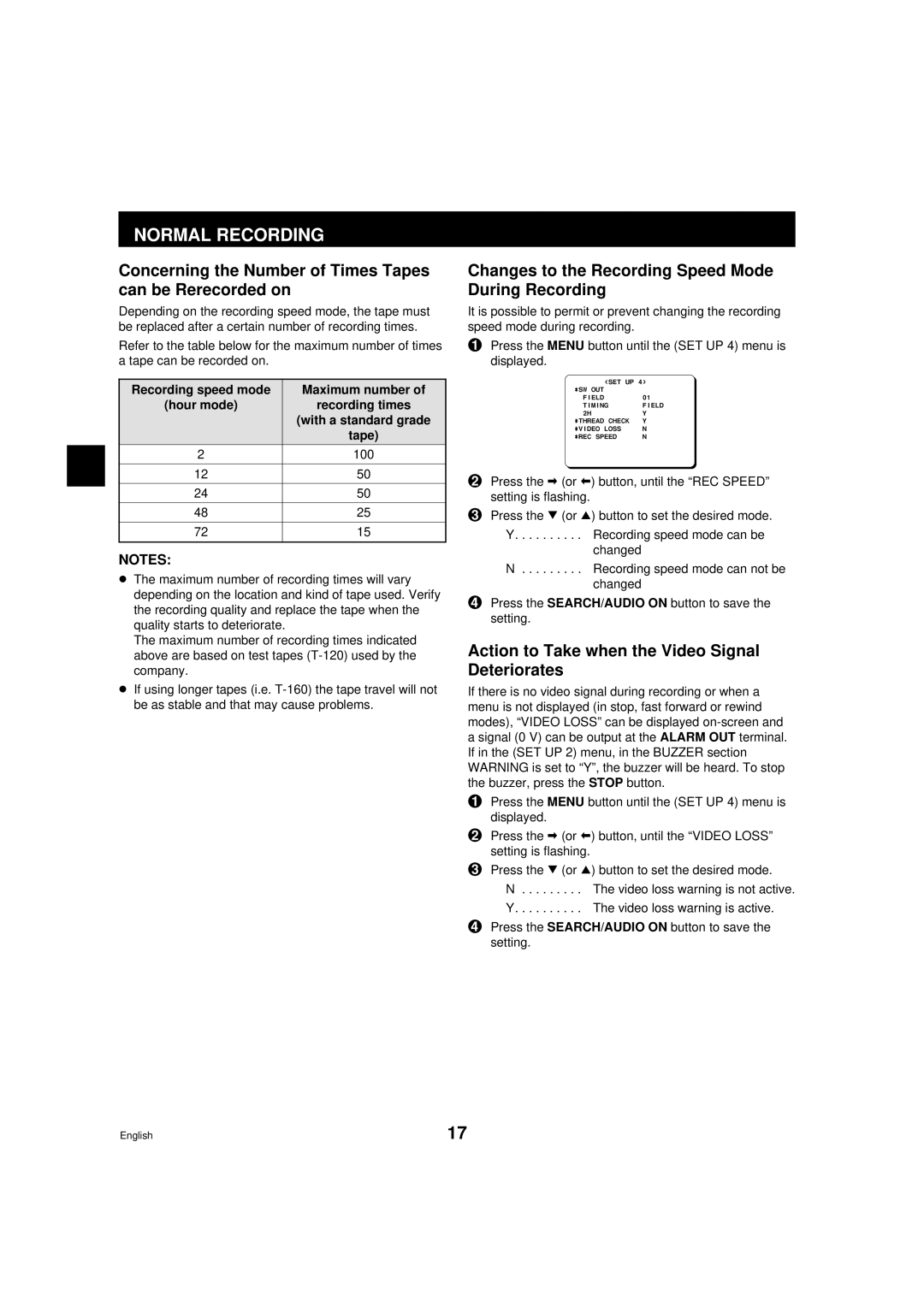 Sanyo TLS-9072 instruction manual Normal Recording, Concerning the Number of Times Tapes can be Rerecorded on 