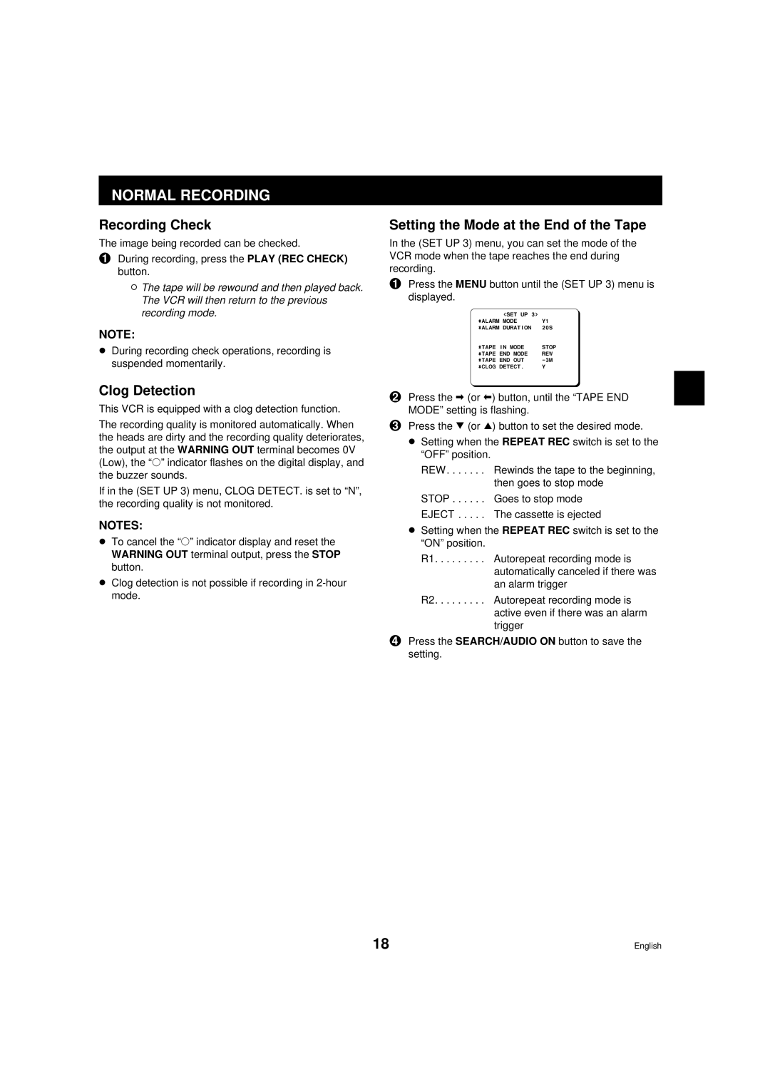 Sanyo TLS-9072 instruction manual Recording Check, Clog Detection, Setting the Mode at the End of the Tape 