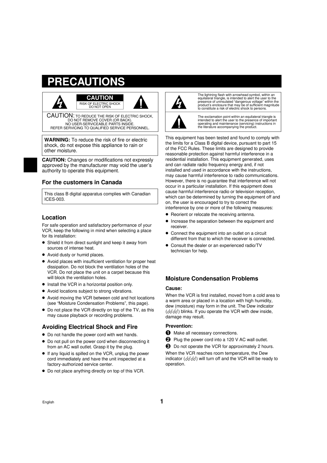 Sanyo TLS-9072 instruction manual Precautions, For the customers in Canada, Location, Avoiding Electrical Shock and Fire 