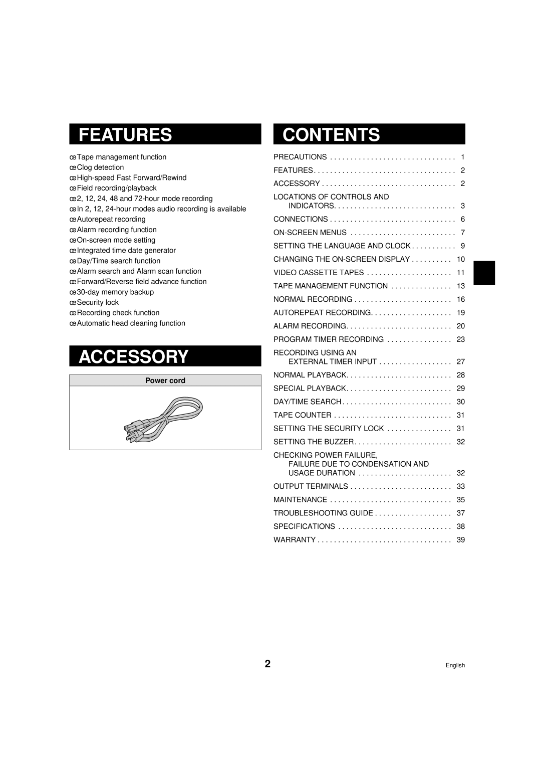 Sanyo TLS-9072 instruction manual Features, Accessory, Contents 