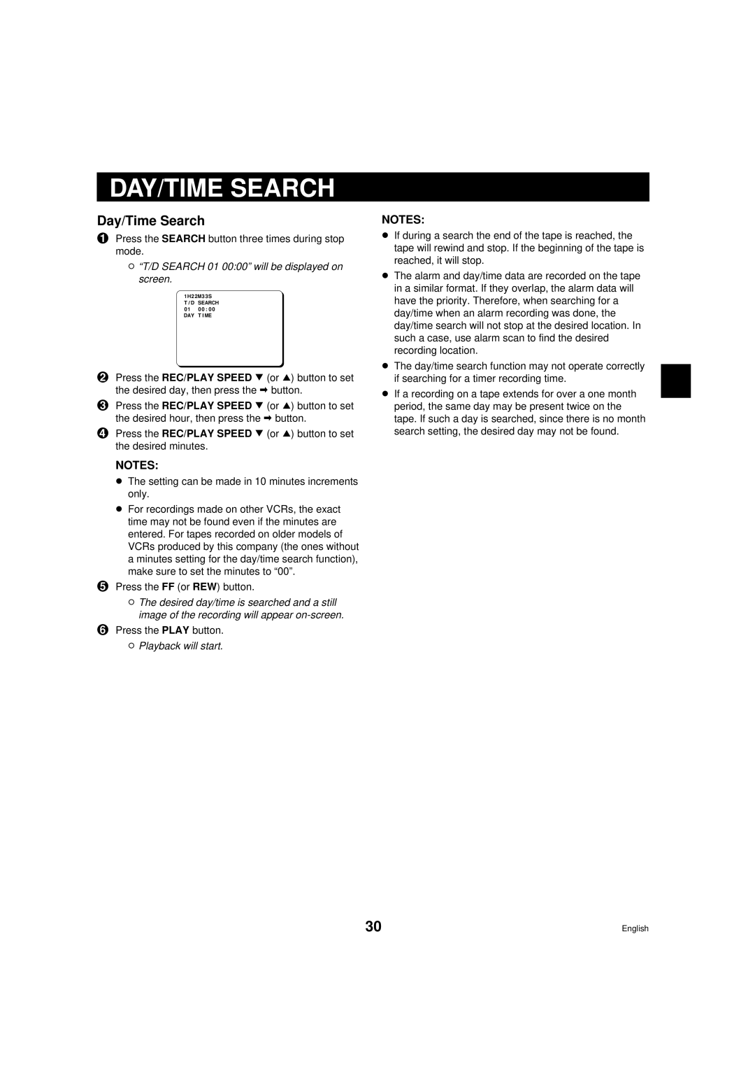 Sanyo TLS-9072 instruction manual DAY/TIME Search, Day/Time Search, D Search 01 0000 will be displayed on screen 