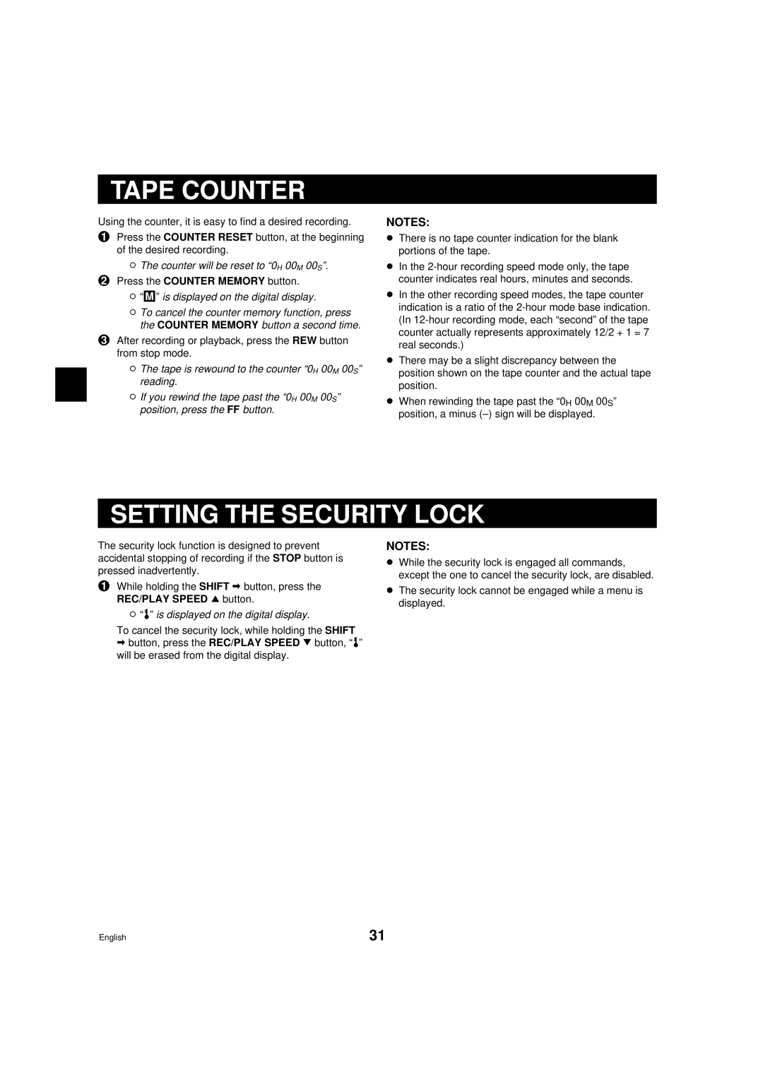 Sanyo TLS-9072 instruction manual Tape Counter, Setting the Security Lock, Counter will be reset to 0H 00M 00S 