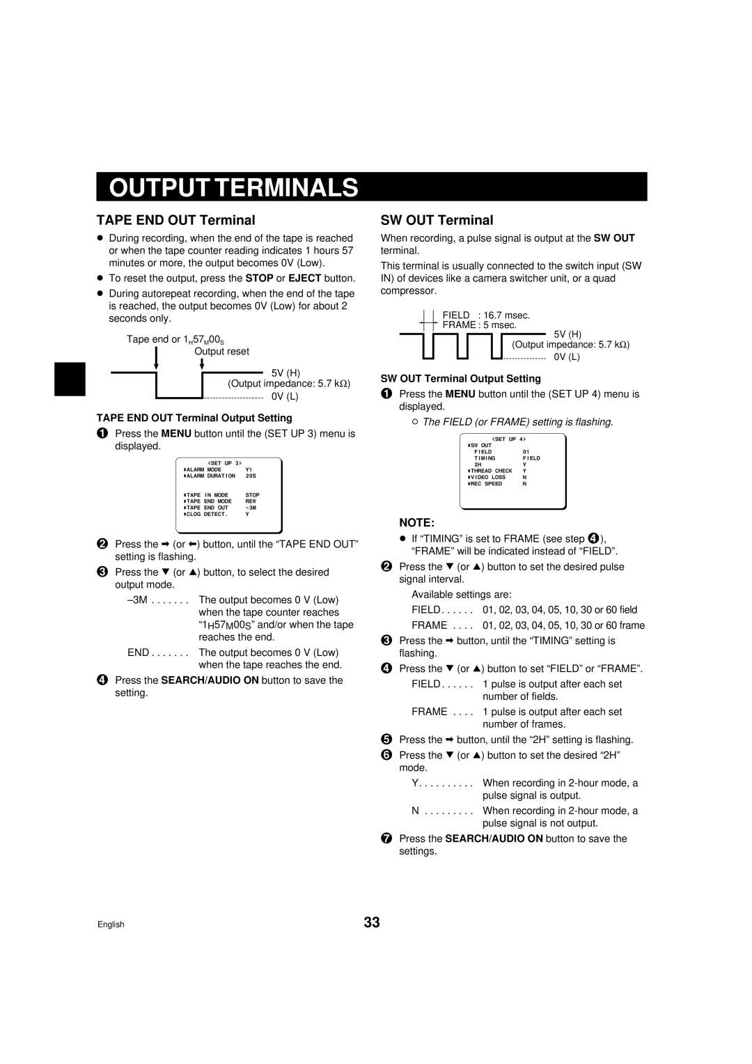 Sanyo TLS-9072 Output Terminals, Tape END OUT Terminal Output Setting, SW OUT Terminal Output Setting 