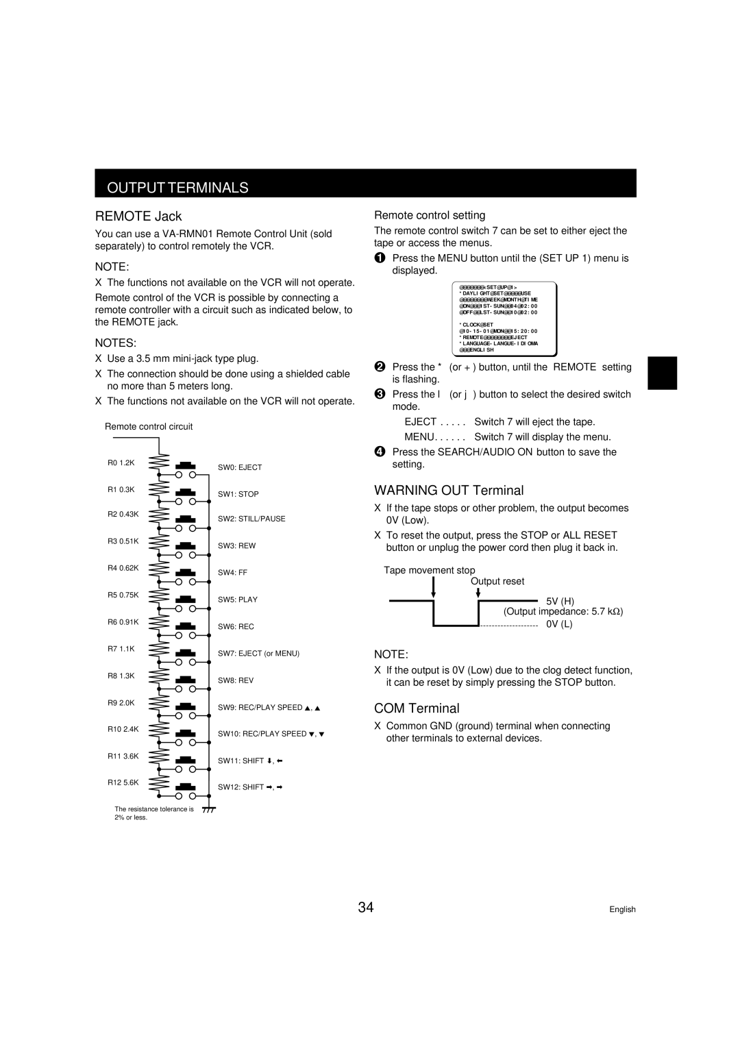 Sanyo TLS-9072 instruction manual Output Terminals, Remote Jack, COM Terminal, Remote control setting 