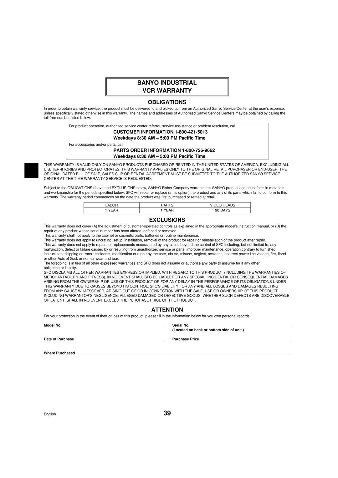 Sanyo TLS-9072 instruction manual Sanyo Industrial VCR Warranty, Weekdays 830 AM 500 PM Pacific Time 