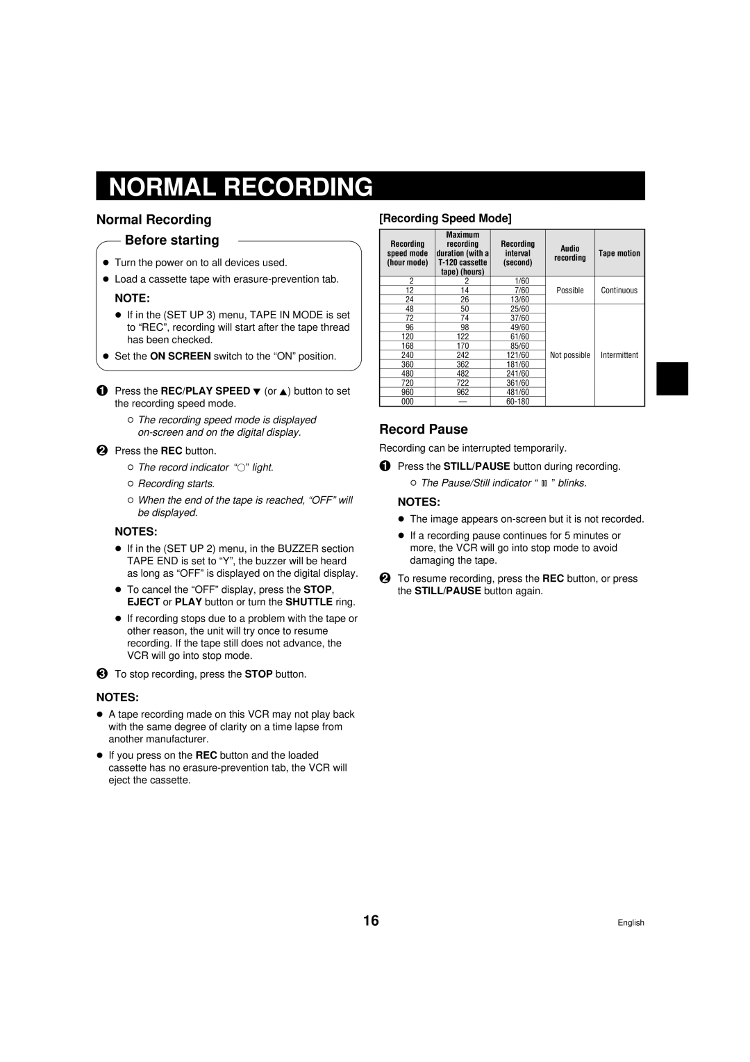 Sanyo TLS-9960 Normal Recording Before starting, Record Pause, Recording Speed Mode, Pause/Still indicator N blinks 