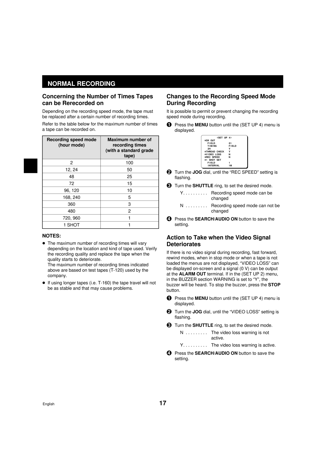 Sanyo TLS-9960 instruction manual Normal Recording, Concerning the Number of Times Tapes can be Rerecorded on 