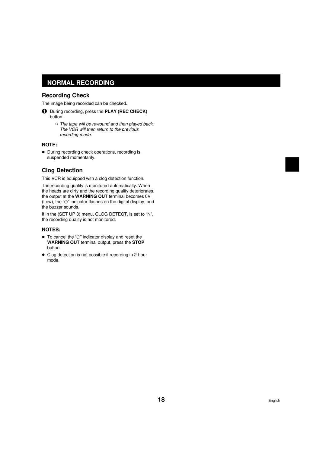 Sanyo TLS-9960 instruction manual Recording Check, Clog Detection 