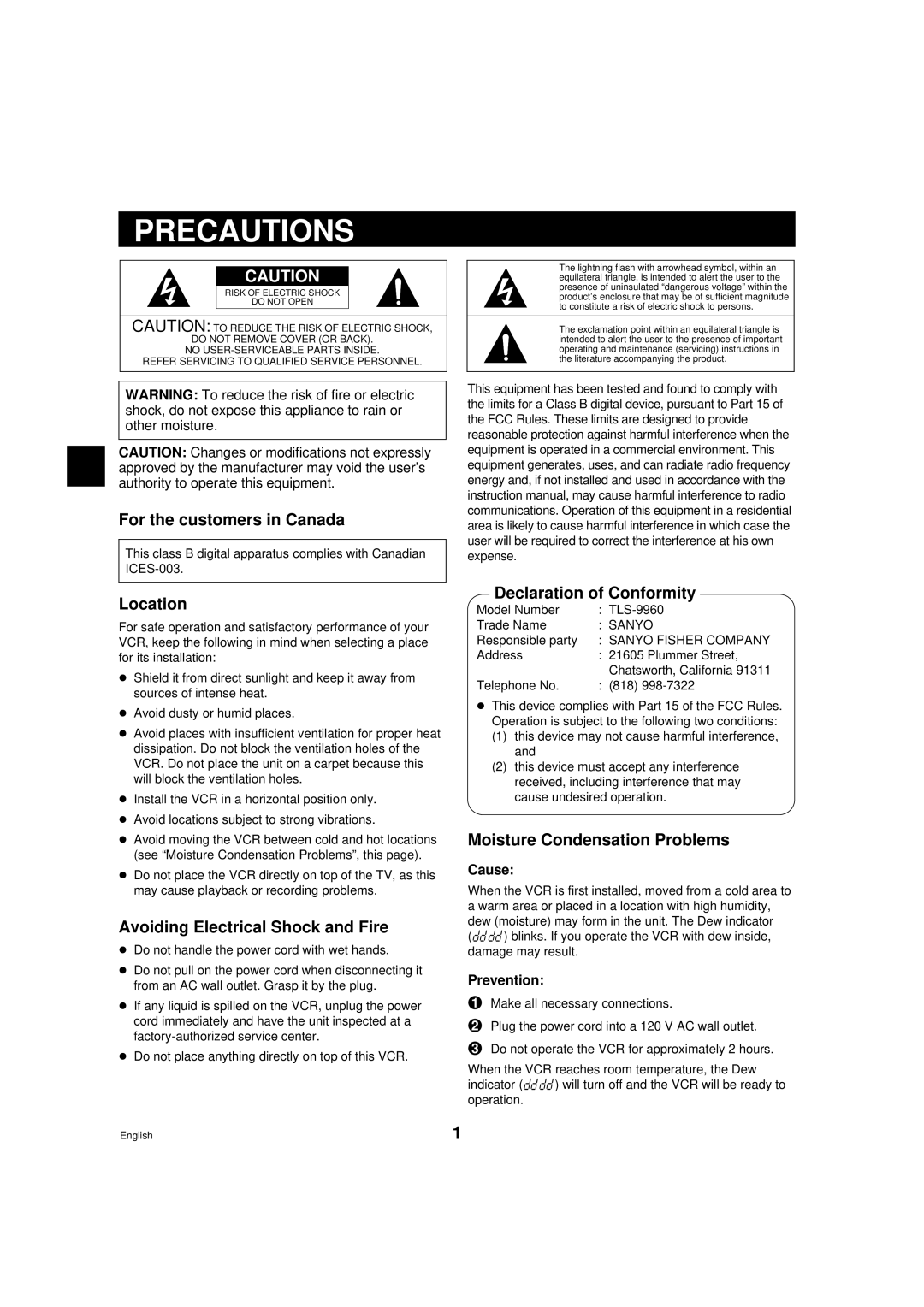 Sanyo TLS-9960 instruction manual Precautions 