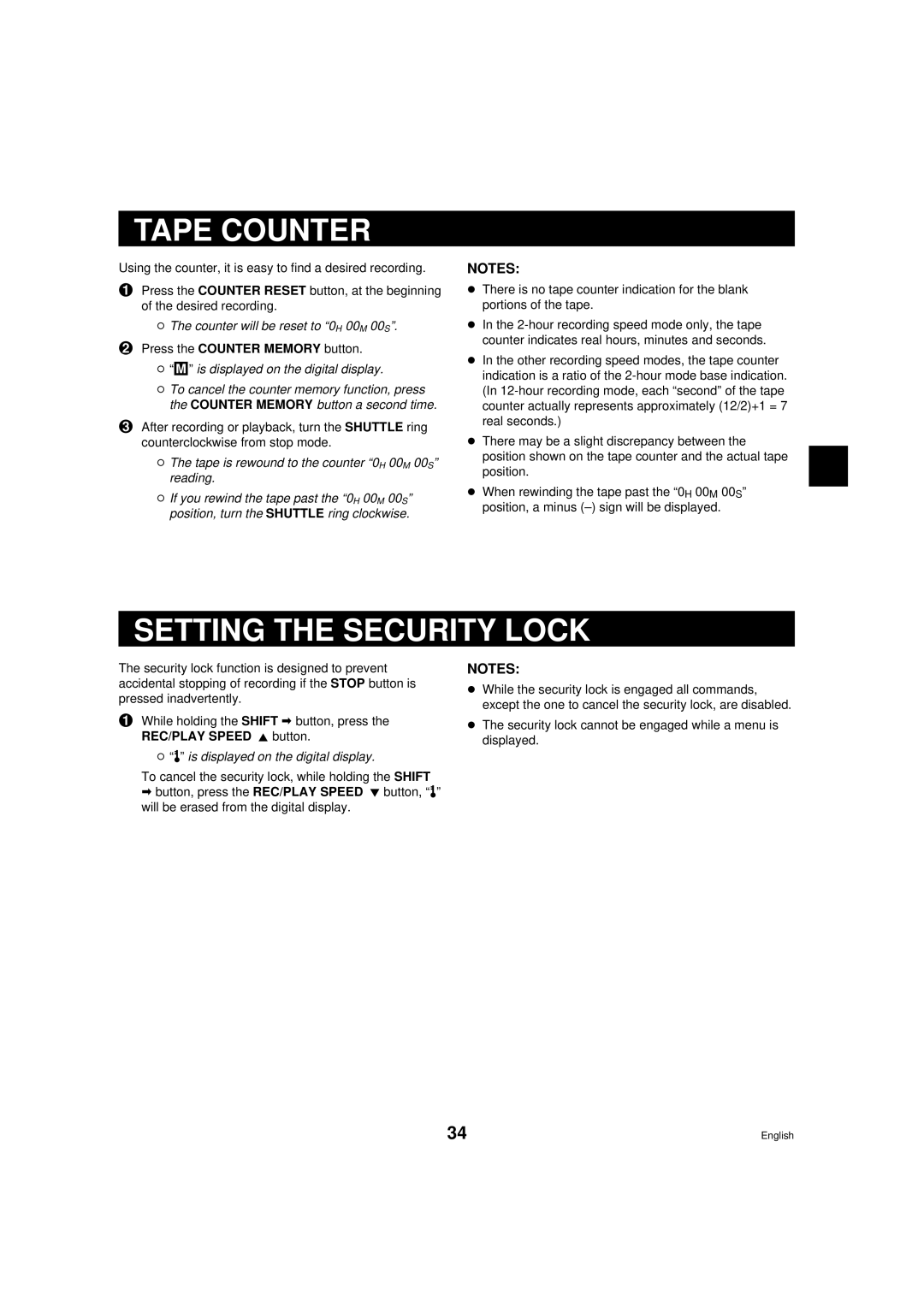 Sanyo TLS-9960 instruction manual Tape Counter, Setting the Security Lock, Counter will be reset to 0H 00M 00S 