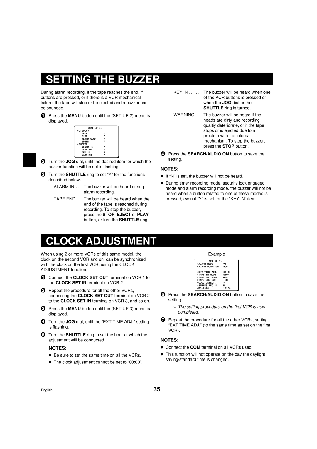 Sanyo TLS-9960 instruction manual Setting the Buzzer, Clock Adjustment, Setting procedure on the first VCR is now completed 