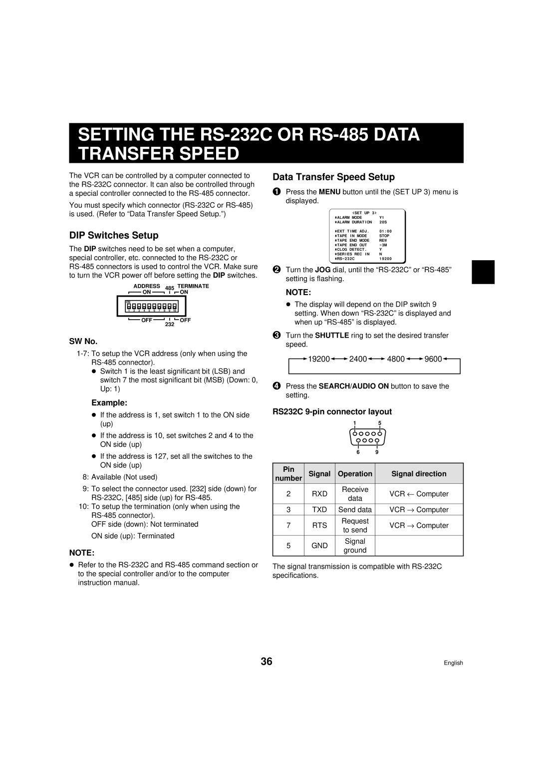 Sanyo TLS-9960 Setting the RS-232C or RS-485 Data Transfer Speed, DIP Switches Setup, Data Transfer Speed Setup 