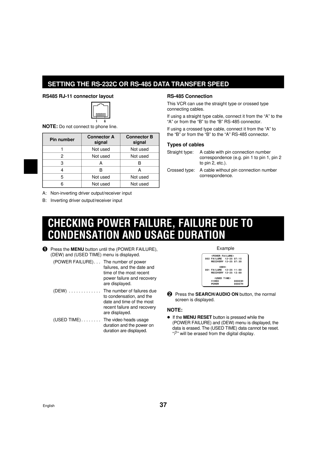 Sanyo TLS-9960 Setting the RS-232C or RS-485 Data Transfer Speed, RS485 RJ-11 connector layout, RS-485 Connection 