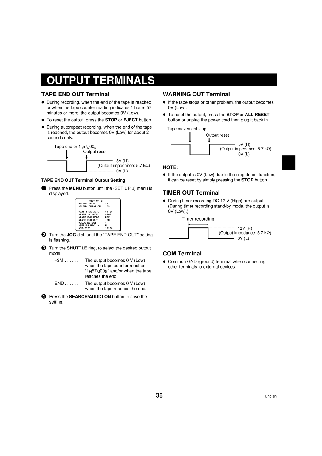 Sanyo TLS-9960 instruction manual Output Terminals, Tape END OUT Terminal, Timer OUT Terminal, COM Terminal 