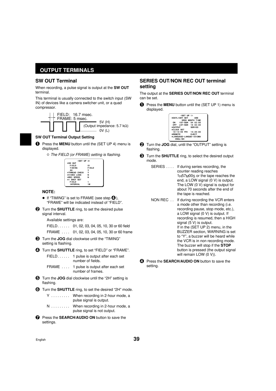 Sanyo TLS-9960 Output Terminals, Series OUT/NON REC OUT terminal setting, SW OUT Terminal Output Setting 