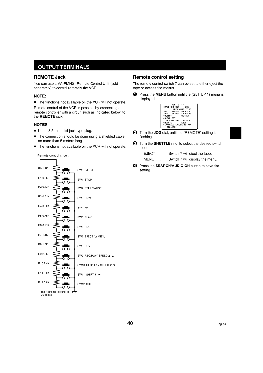 Sanyo TLS-9960 instruction manual Remote Jack, Remote control setting 