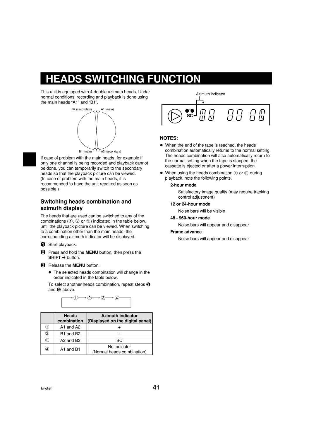 Sanyo TLS-9960 instruction manual Heads Switching Function, Switching heads combination and azimuth display 