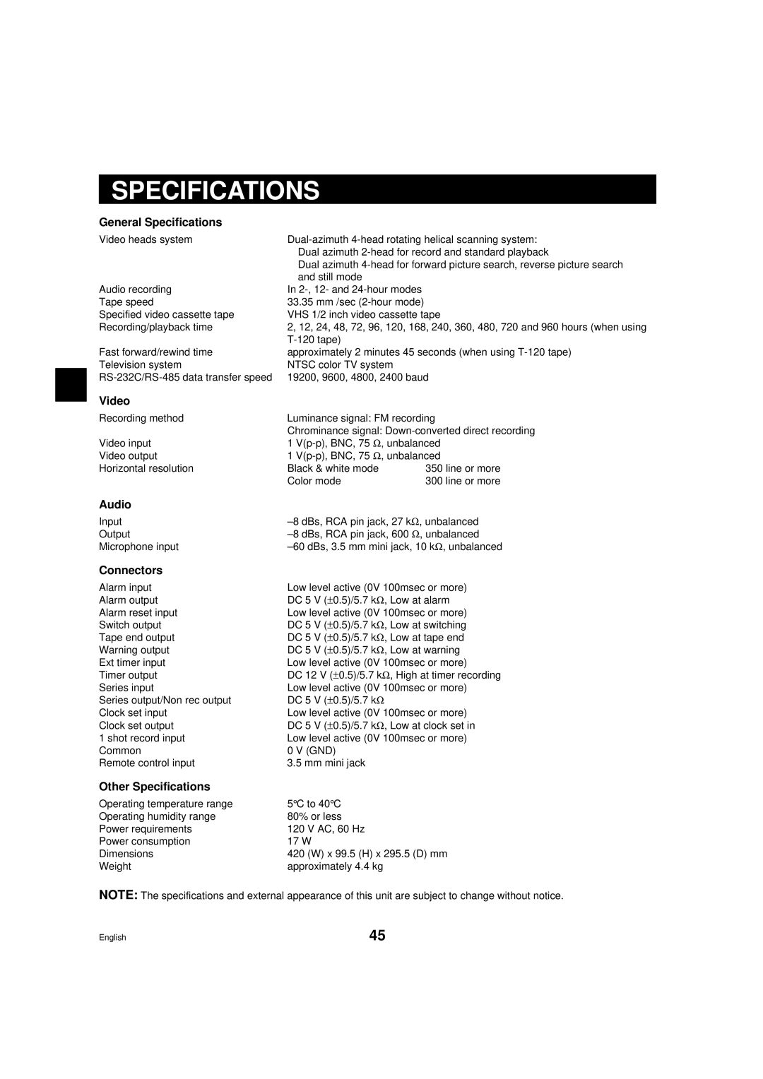 Sanyo TLS-9960 instruction manual Specifications 