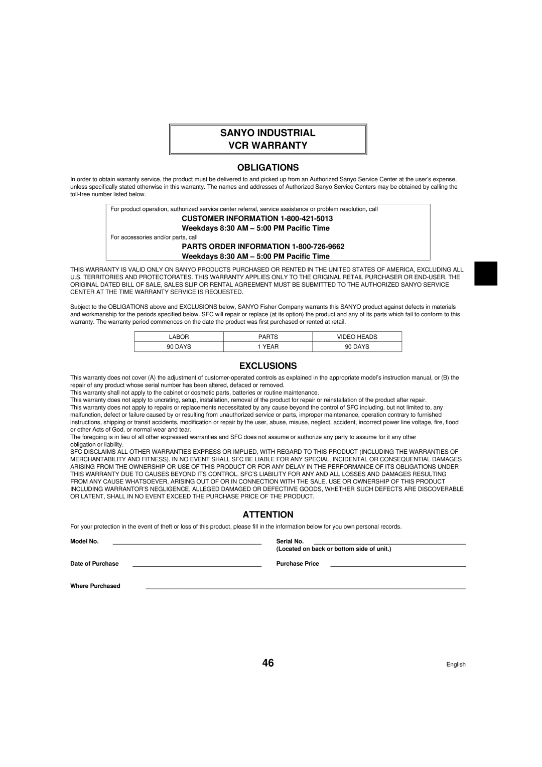 Sanyo TLS-9960 instruction manual Sanyo Industrial VCR Warranty, Weekdays 830 AM 500 PM Pacific Time 