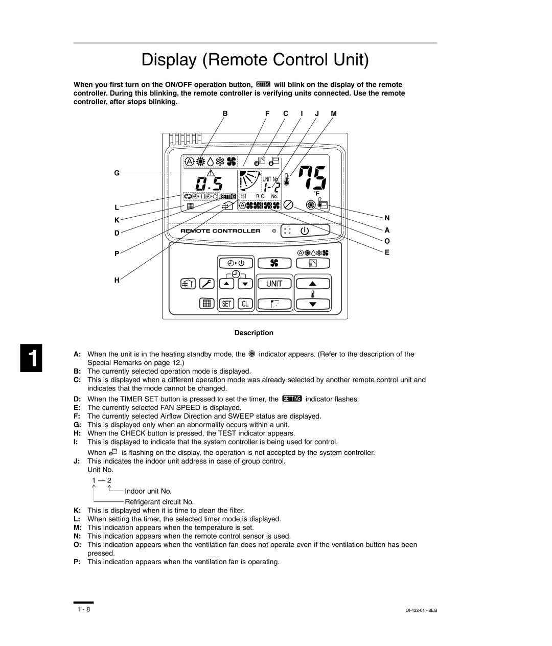 Sanyo RCS-SH80UG, TM-SH80UG, SHA-KC64UG, RCS-SH80UA instruction manual Display Remote Control Unit, Bf C I J M, Description 