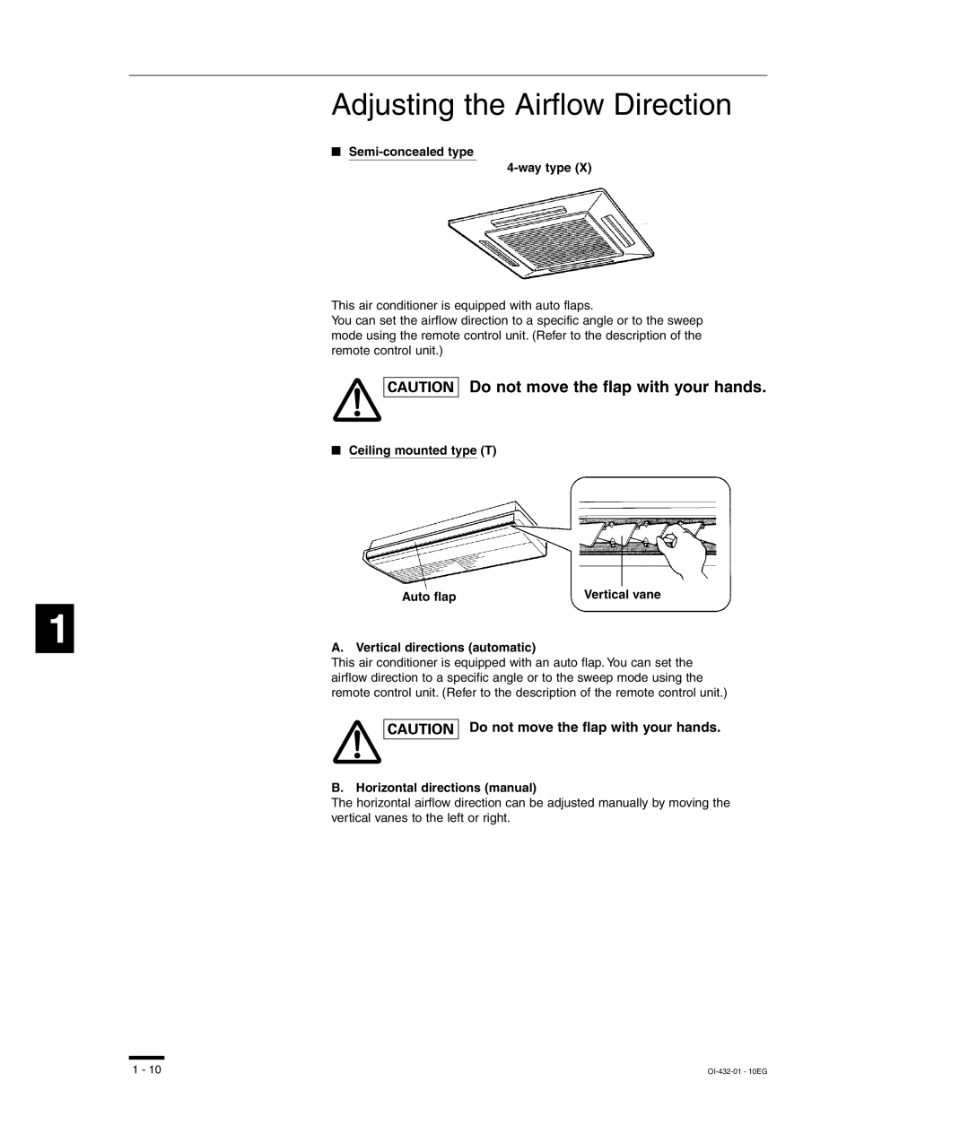 Sanyo TM-SH80UG, SHA-KC64UG Adjusting the Airflow Direction, Semi-concealed type Way type, Horizontal directions manual 