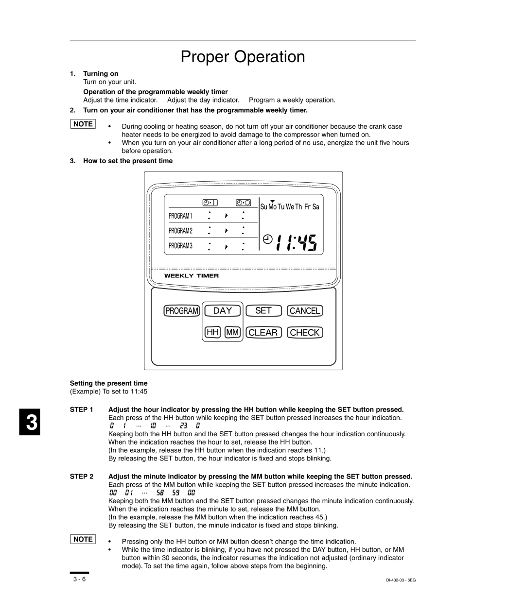 Sanyo TM-SH80UG Proper Operation, Turning on, Operation of the programmable weekly timer, How to set the present time 