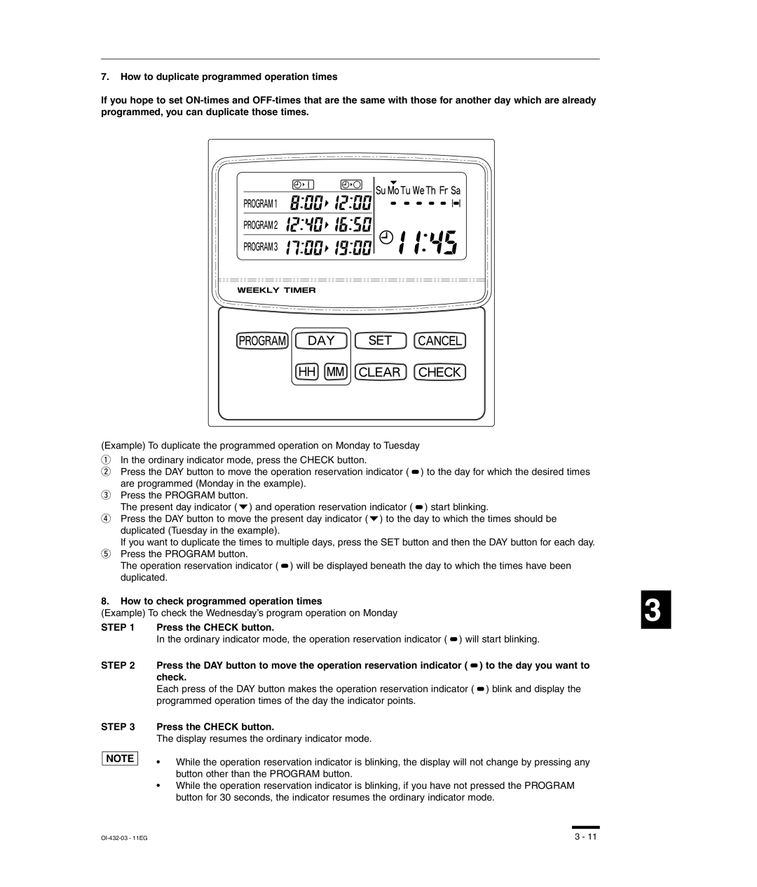 Sanyo SHA-KC64UG, TM-SH80UG Programmed operation times of the day the indicator points, Press the Check button 