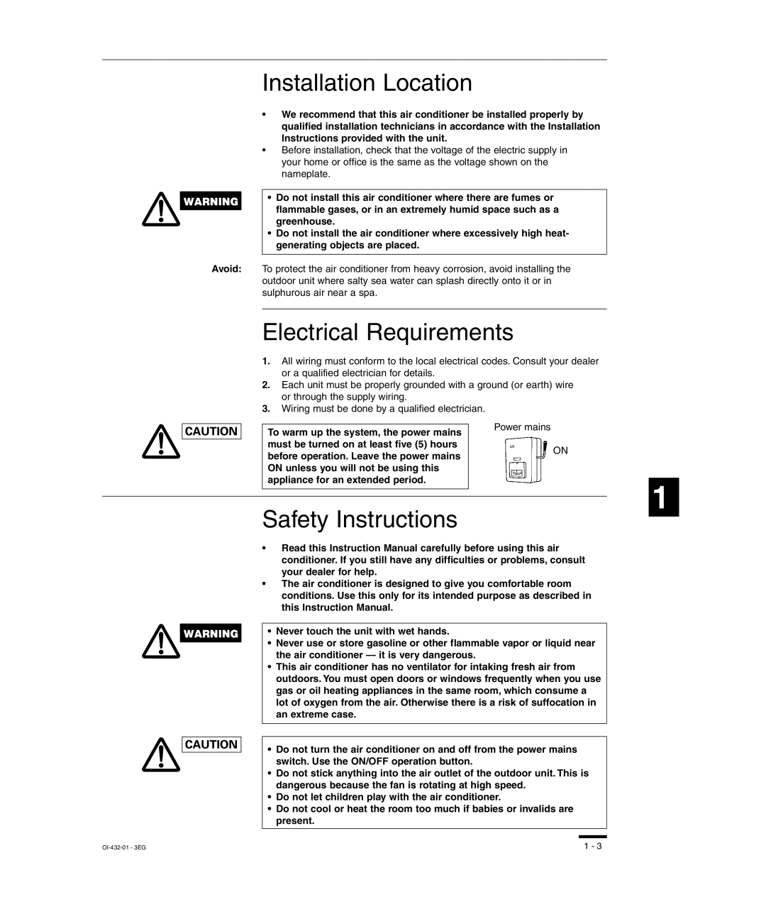 Sanyo SHA-KC64UG, TM-SH80UG, RCS-SH80UG Installation Location, Electrical Requirements, Safety Instructions, Power mains 