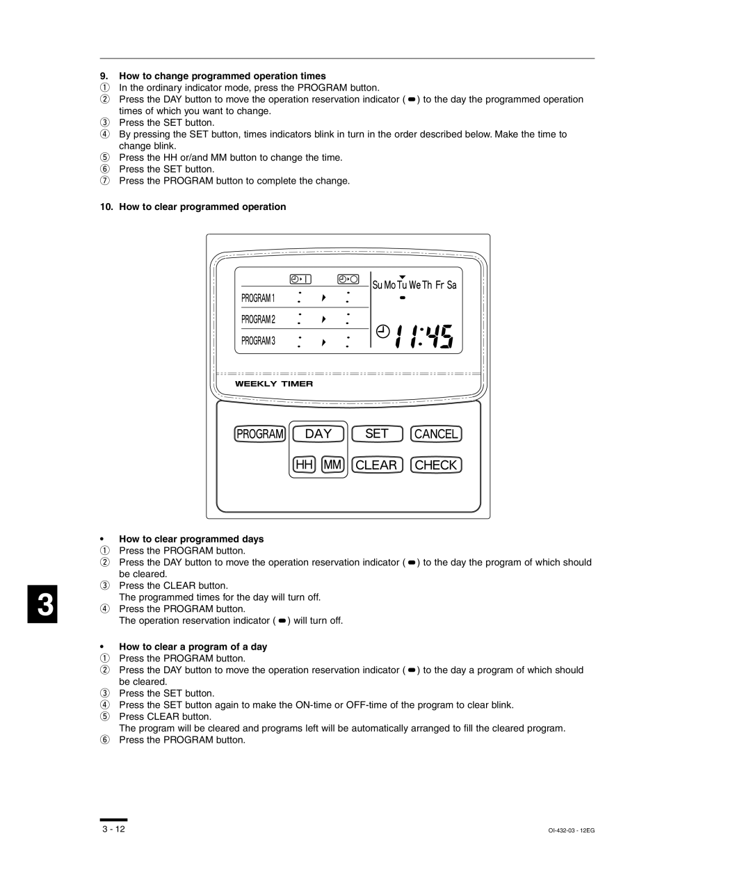 Sanyo RCS-SH80UG, TM-SH80UG, SHA-KC64UG How to change programmed operation times, How to clear a program of a day 