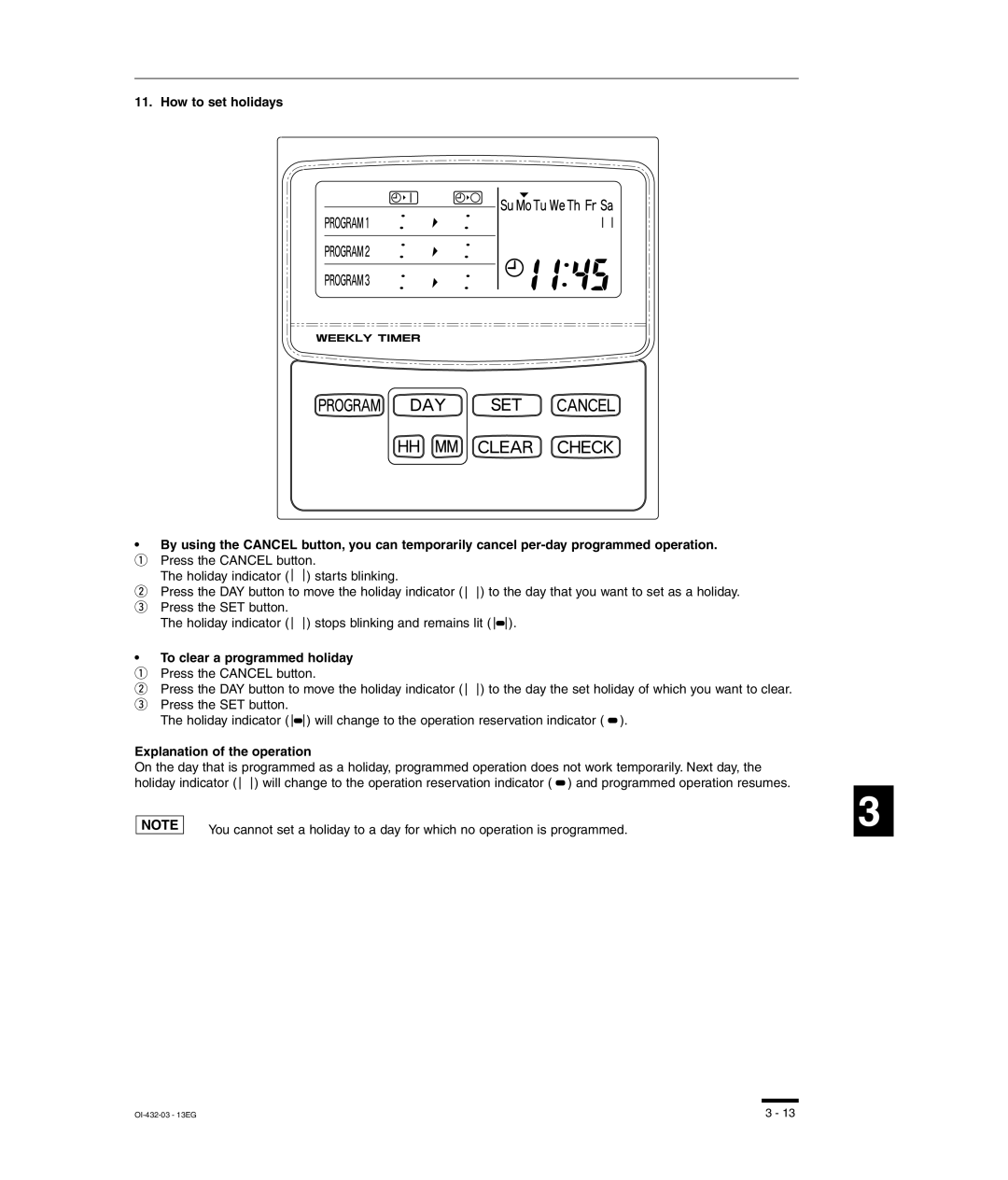 Sanyo RCS-SH80UA, TM-SH80UG, SHA-KC64UG, RCS-SH80UG To clear a programmed holiday, Explanation of the operation 