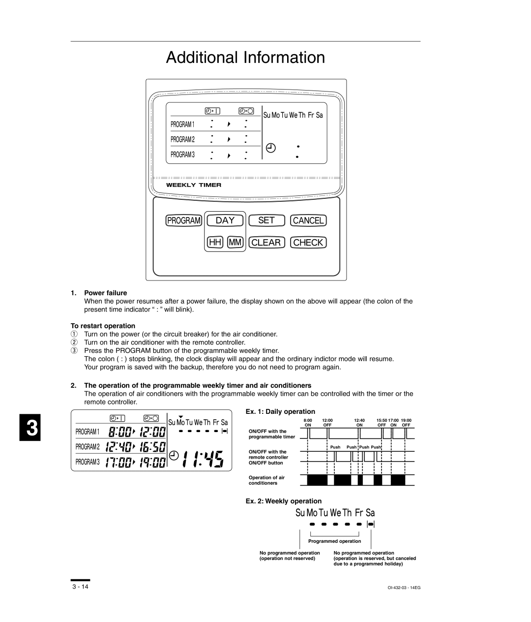 Sanyo TM-SH80UG, SHA-KC64UG, RCS-SH80UG Additional Information, Power failure, To restart operation, Ex Weekly operation 