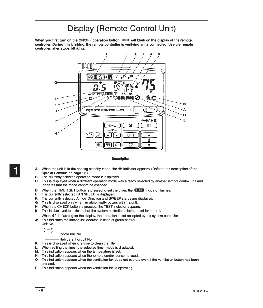 Sanyo RCS-SH80UG, TM-SH80UG, SHA-KC64UG Display Remote Control Unit, G L K D P, Bf C I J M N A O E, H Description 
