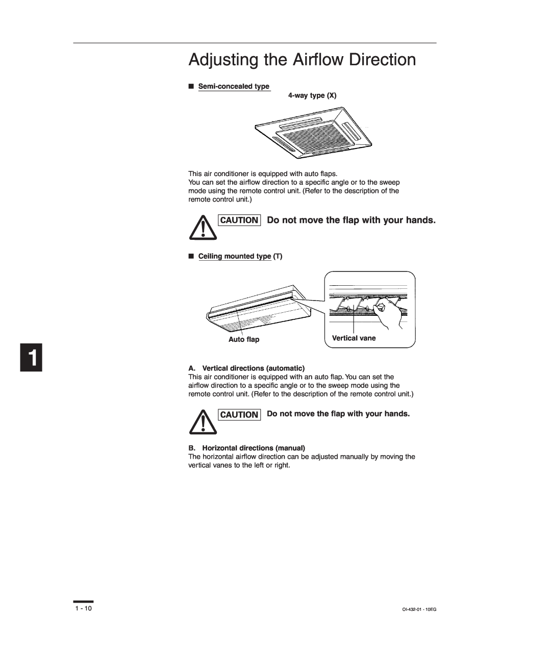 Sanyo TM-SH80UG, SHA-KC64UG, RCS-SH80UG, RCS-SH80UA Adjusting the Airflow Direction, Do not move the flap with your hands 