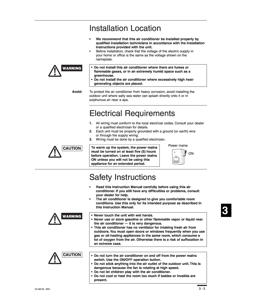 Sanyo SHA-KC64UG, TM-SH80UG, RCS-SH80UG Installation Location, Electrical Requirements, Safety Instructions, OI-432-03- 3EG 