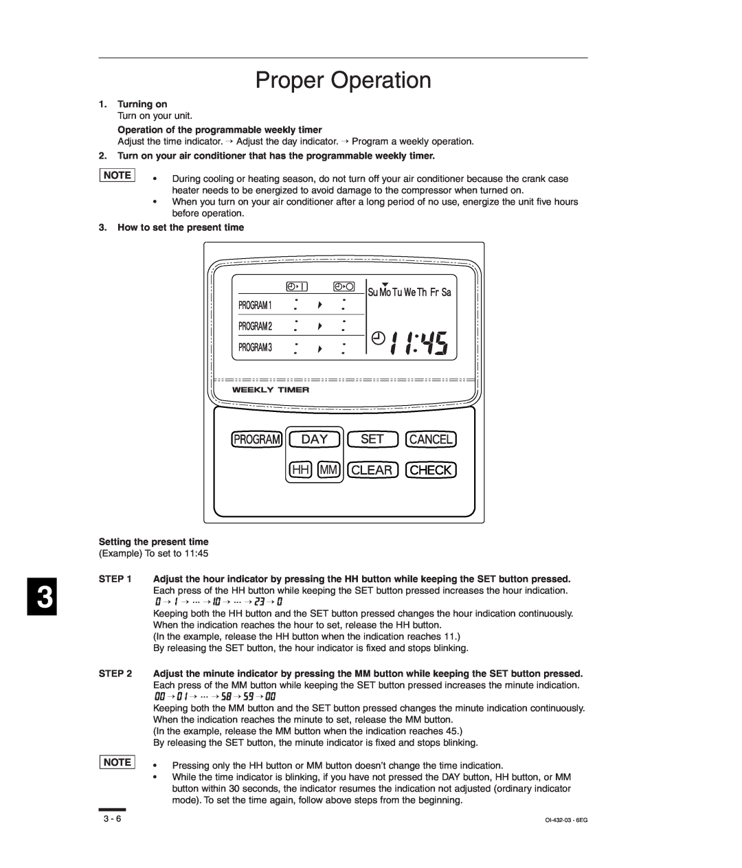 Sanyo TM-SH80UG Proper Operation, Turning on, Operation of the programmable weekly timer, How to set the present time 