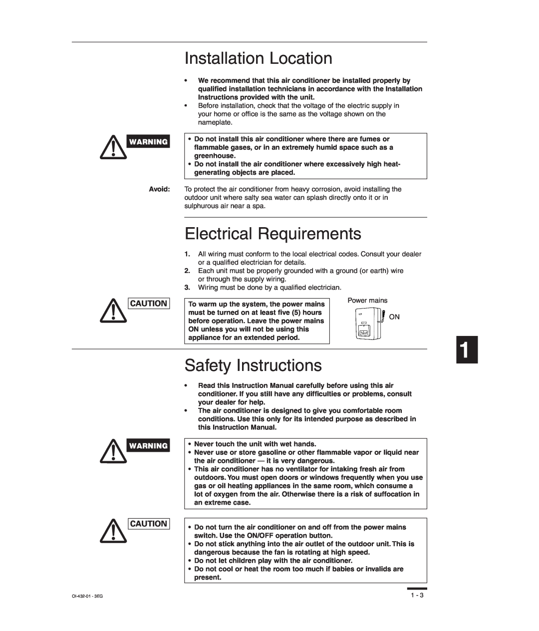 Sanyo SHA-KC64UG, TM-SH80UG, RCS-SH80UG, RCS-SH80UA Installation Location, Electrical Requirements, Safety Instructions 