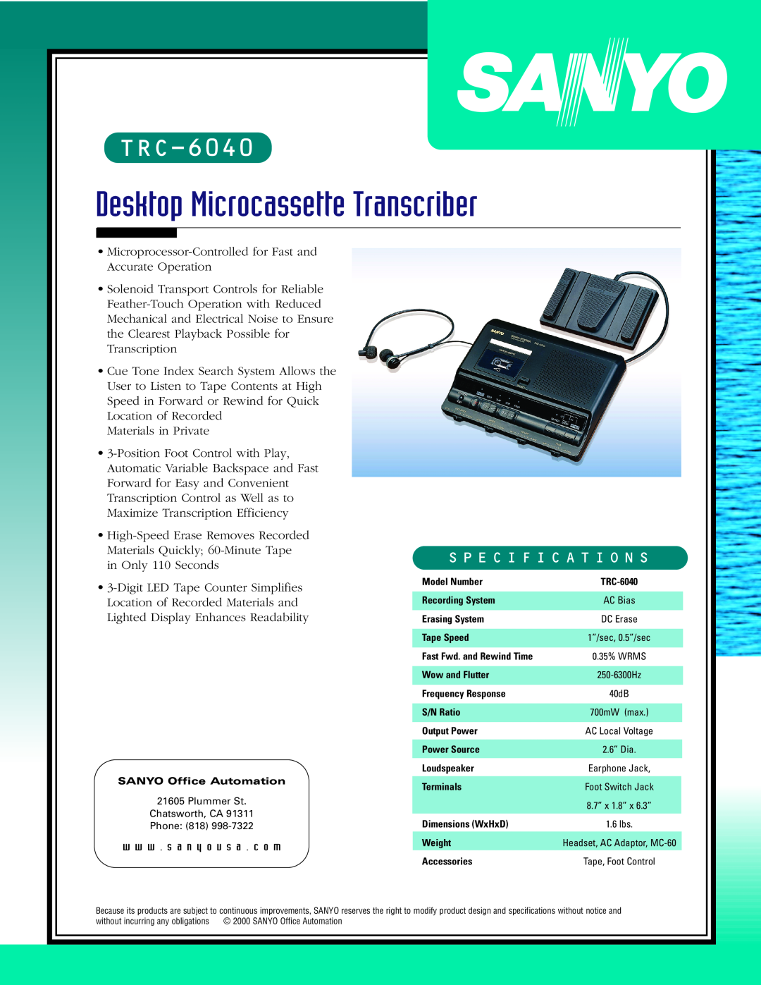Sanyo TRC-6040 specifications S P E C I F I C A T I O N S, Desktop Microcassette Transcriber 