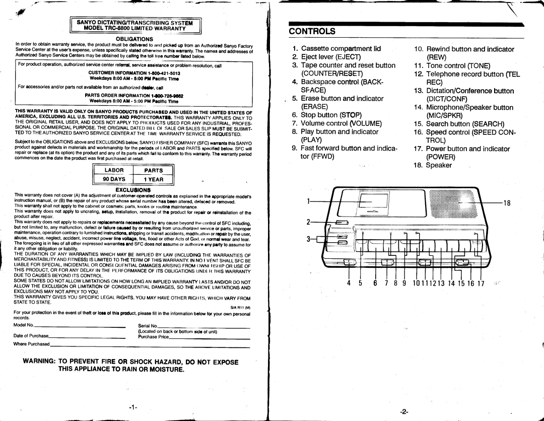 Sanyo TRC-8800 instruction manual Controls, Mrc/sPKR 