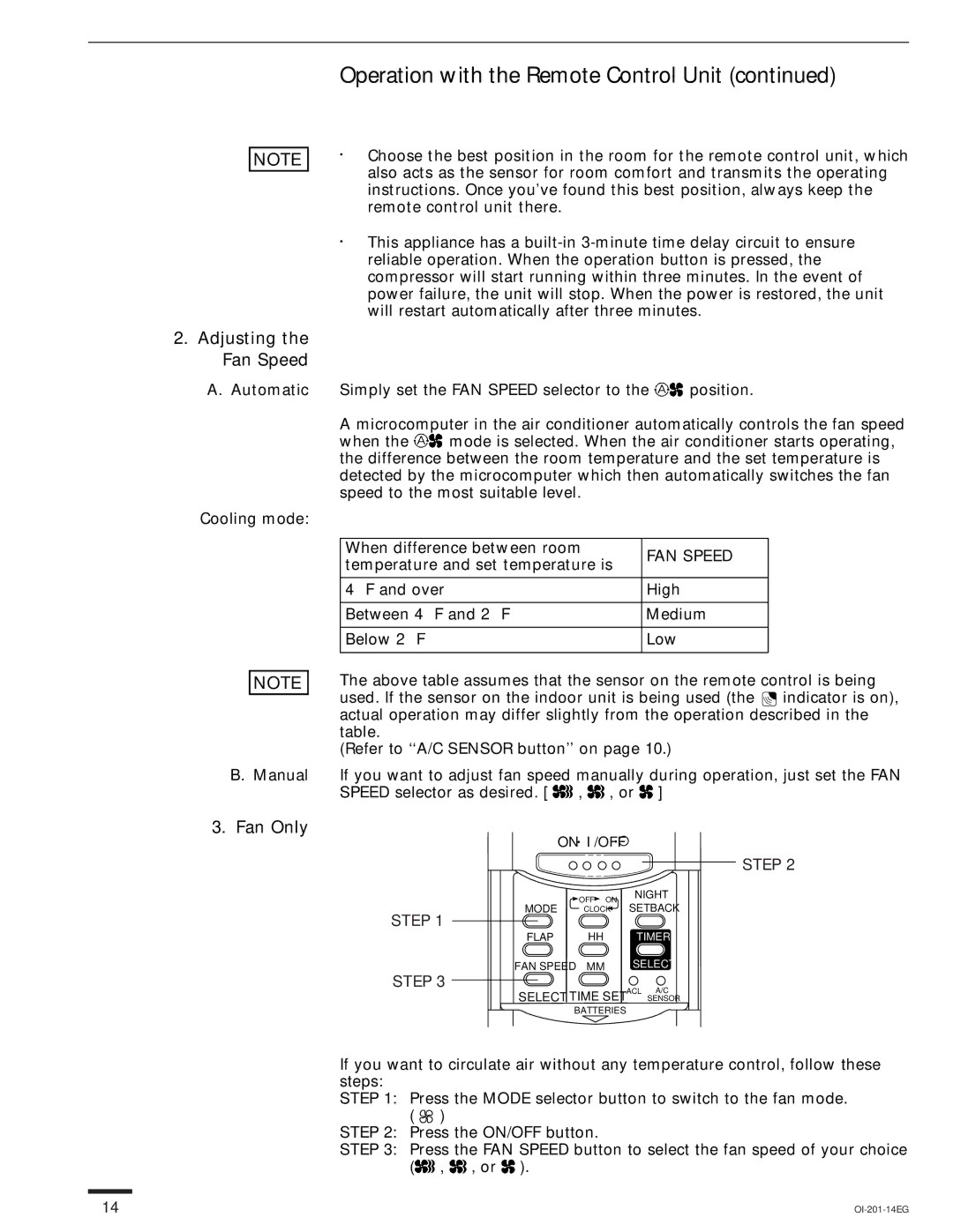 Sanyo XS1822, TS3632, TS2432, TS4232 Operation with the Remote Control Unit, Adjusting the Fan Speed, Fan Only, FAN Speed 