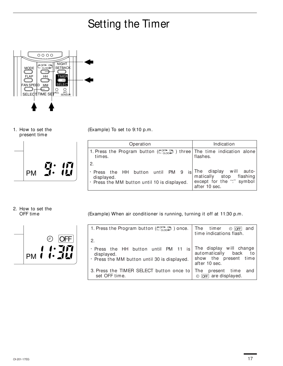 Sanyo KS3032, TS3632, TS2432 Setting the Timer, How to set the present time How to set the OFF time, Operation Indication 