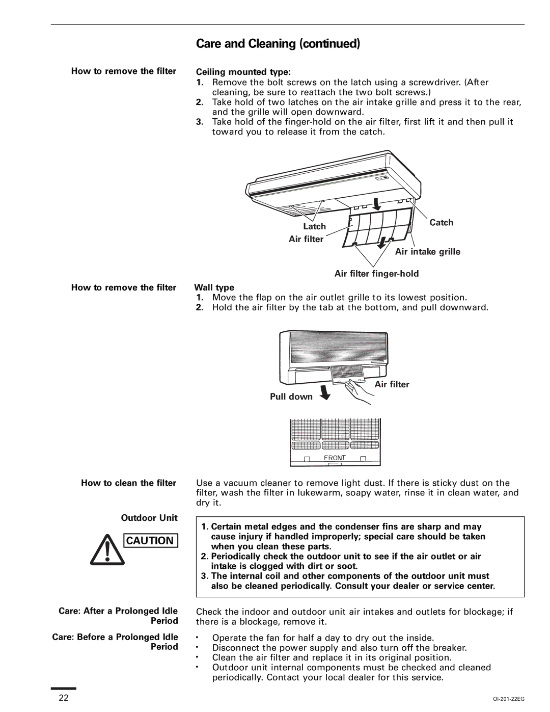 Sanyo TS4232, TS3632, TS2432, XS2432, XS1822, XS4232, XS3632 Care and Cleaning, How to remove the filter Ceiling mounted type 