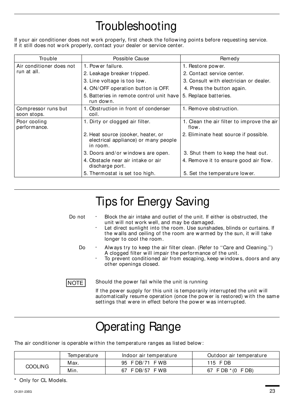 Sanyo XS2432, TS3632, TS2432, TS4232 Troubleshooting, Tips for Energy Saving, Operating Range, Trouble Possible Cause Remedy 