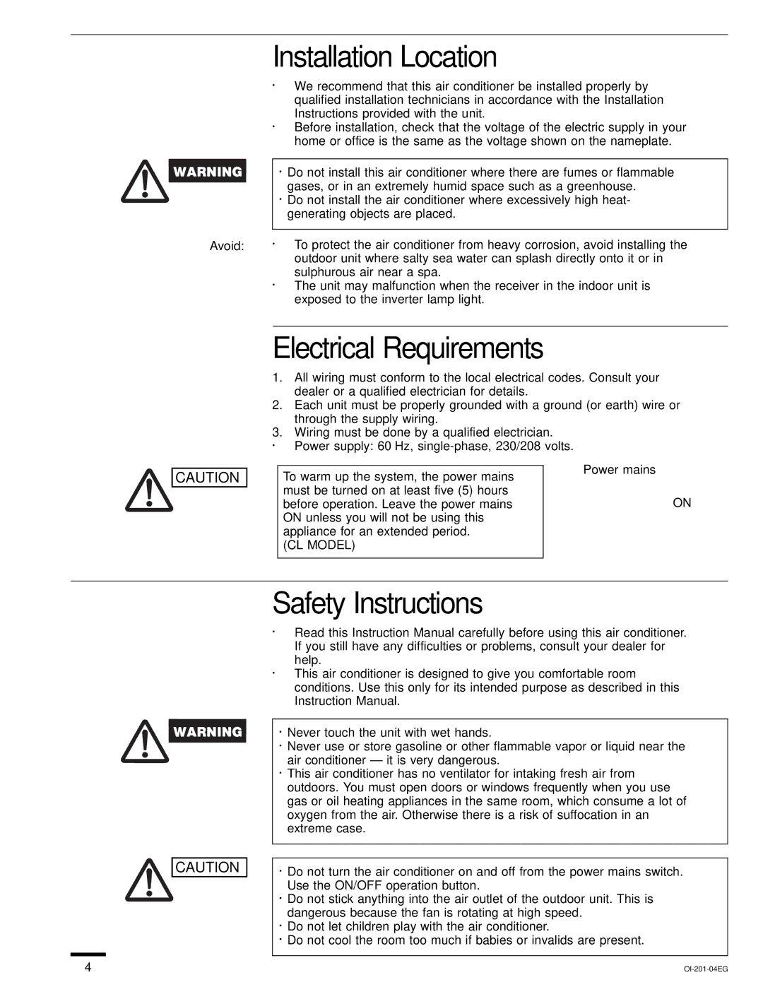 Sanyo XS1822, TS3632, TS2432, TS4232, XS2432 Installation Location, Electrical Requirements, Safety Instructions, CL Model 