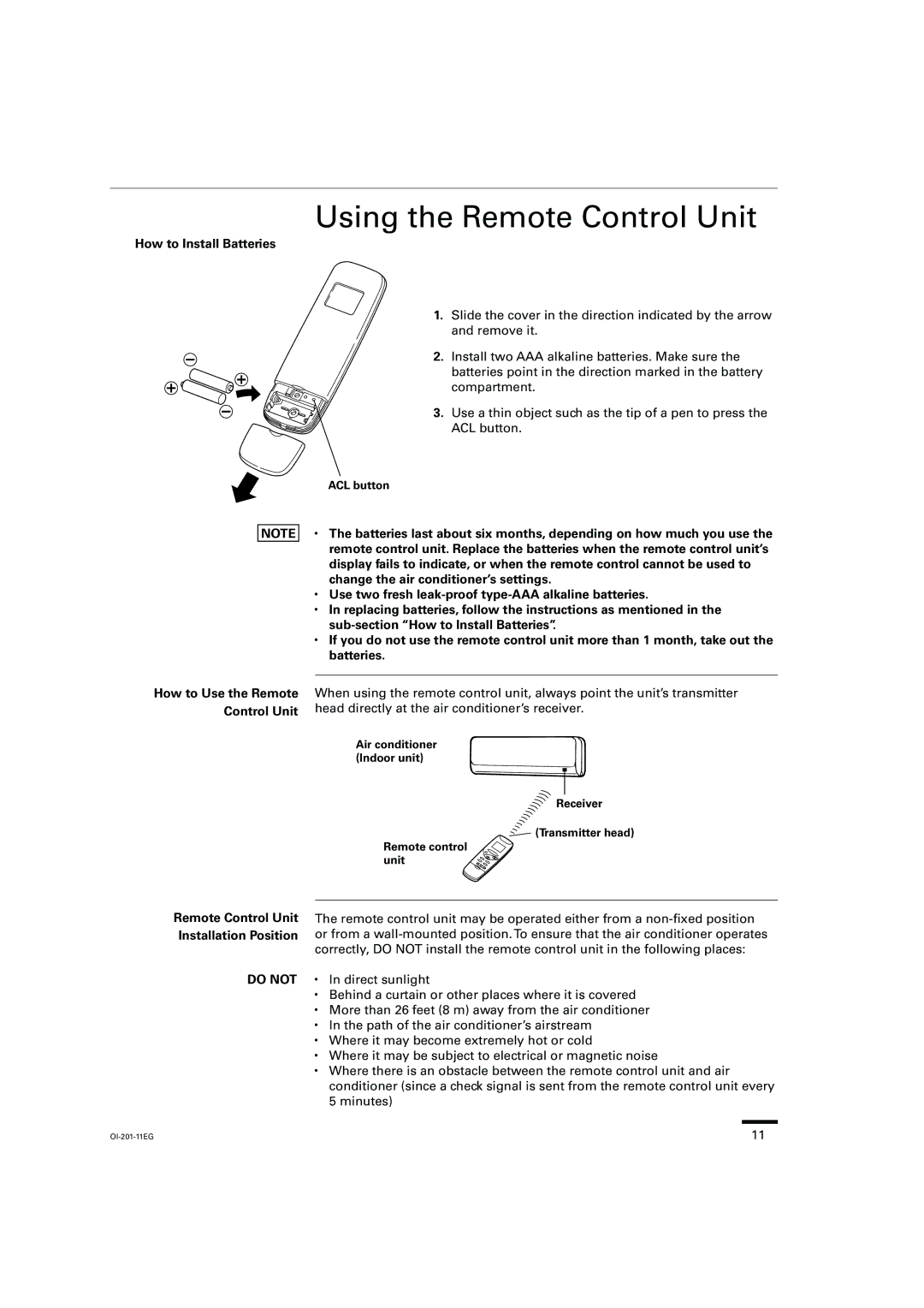 Sanyo TS2432 Using the Remote Control Unit, How to Install Batteries, Remote Control Unit Installation Position, Do not 