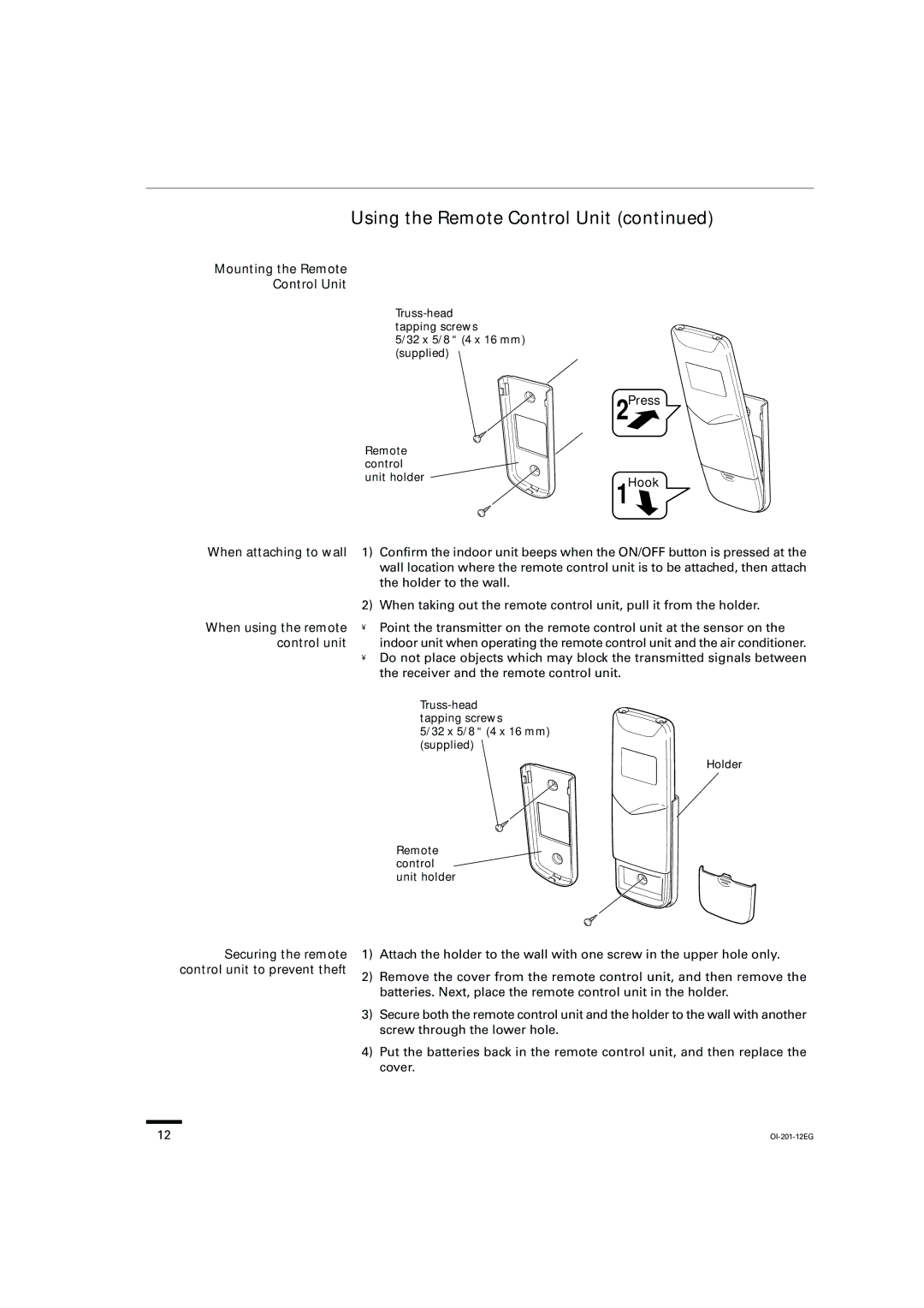 Sanyo TS4232, TS3632, TS2432, XS2432, XS1822 Using the Remote Control Unit, Mounting the Remote Control Unit, Press Hook 