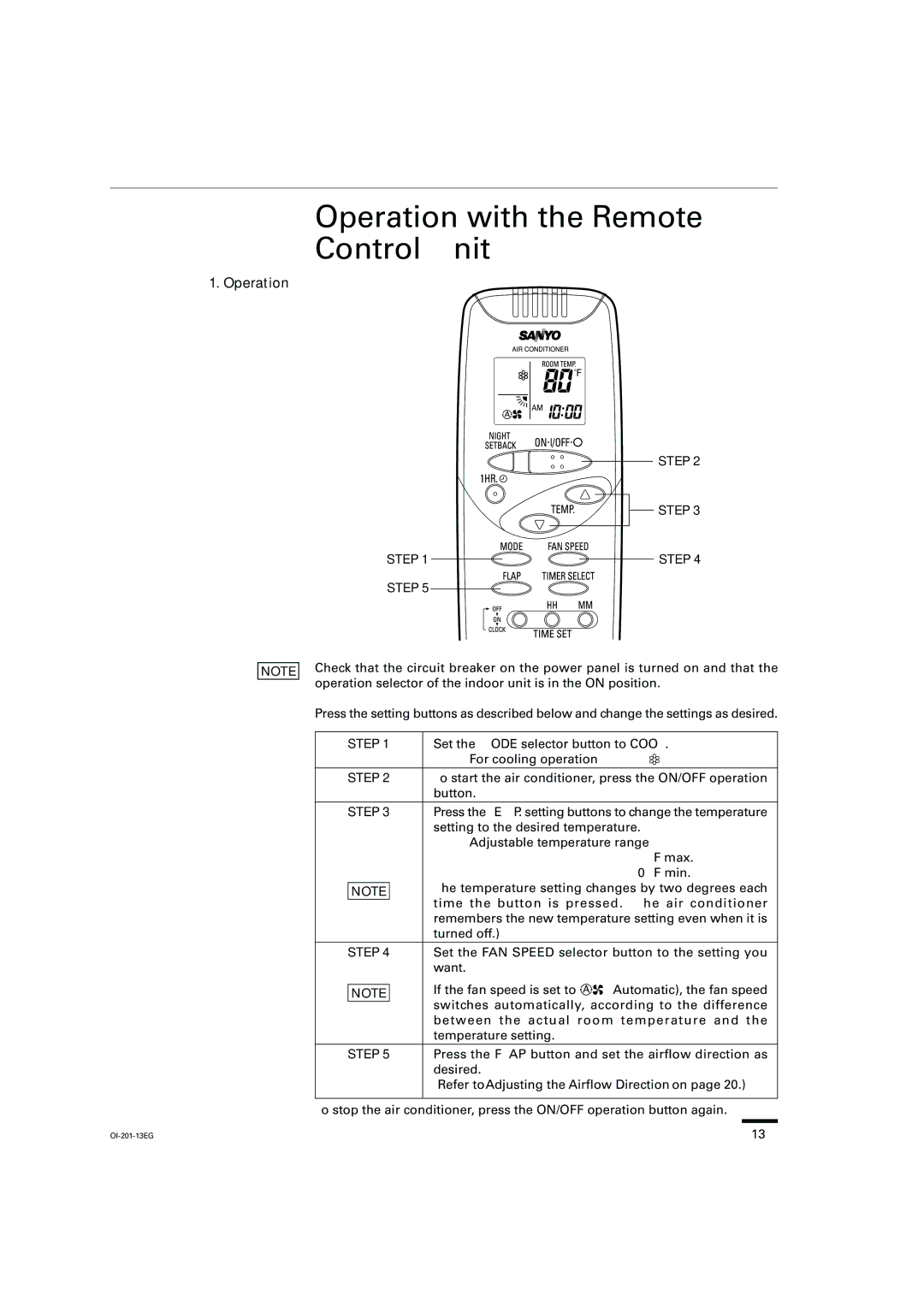 Sanyo XS2432, TS3632, TS2432, TS4232, XS1822, XS4232, XS3632, KS3032, KS3632, KS2432 Operation with the Remote Control Unit, Step 