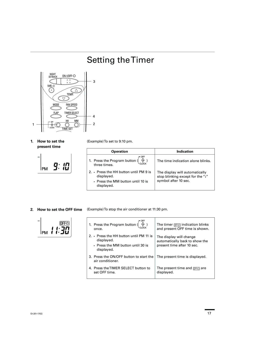 Sanyo KS3032, TS3632, TS2432, TS4232, XS2432, XS1822 Setting theTimer, How to set the present time, Operation Indication 