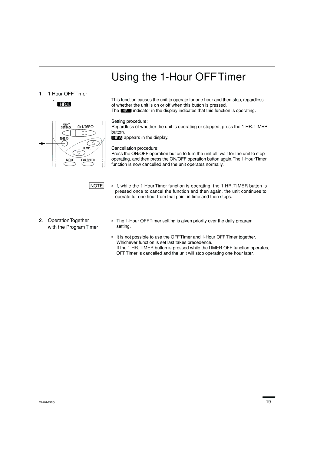 Sanyo KS2432 Using the 1-Hour OFFTimer, Hour OFF Timer Operation Together with the Program Timer, Setting procedure 