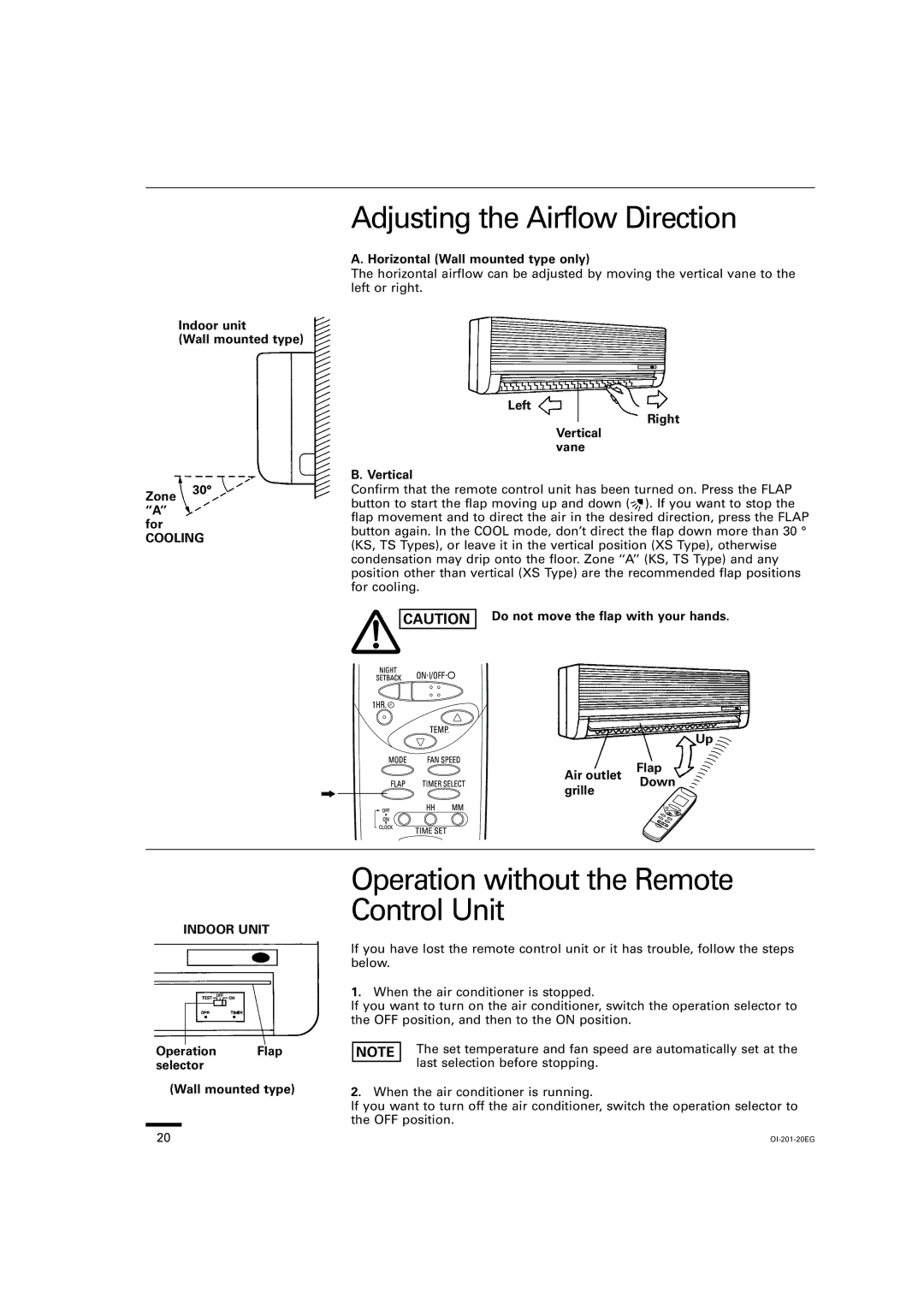 Sanyo TS3632, TS2432, TS4232, XS2432 Adjusting the Airflow Direction, Operation without the Remote Control Unit, Cooling 