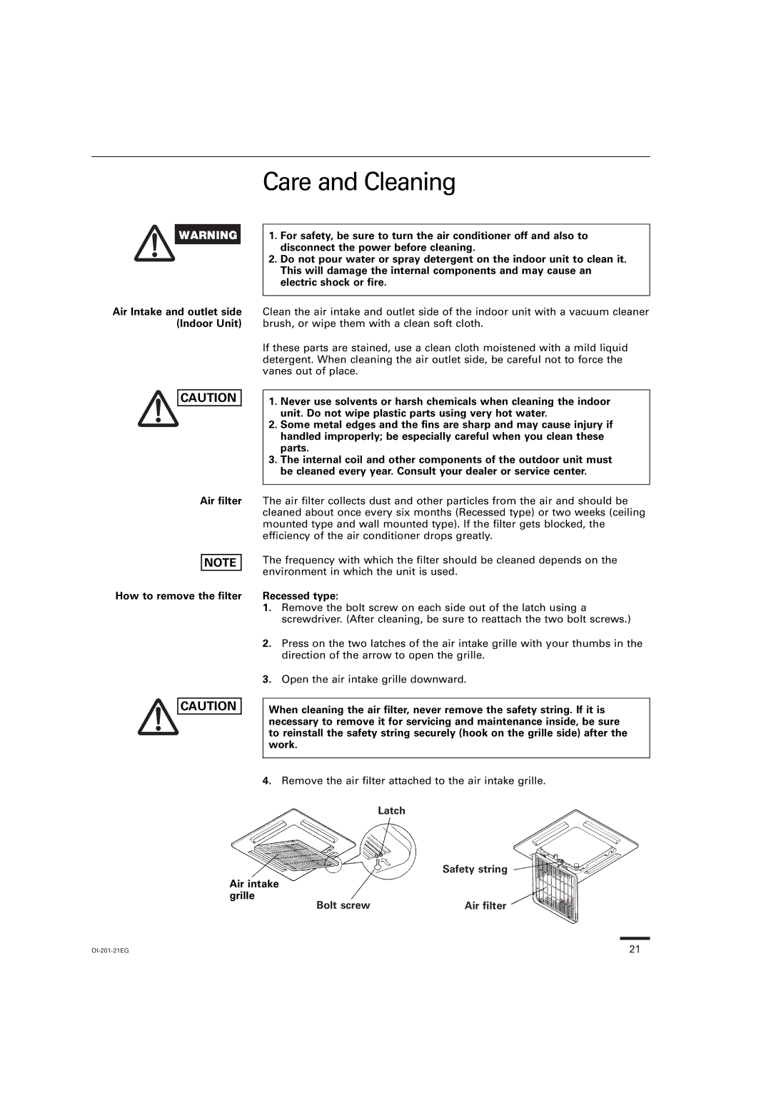 Sanyo TS2432, TS3632, TS4232, XS2432, XS1822 Care and Cleaning, Latch Safety string Air intake grille Bolt screw Air filter 